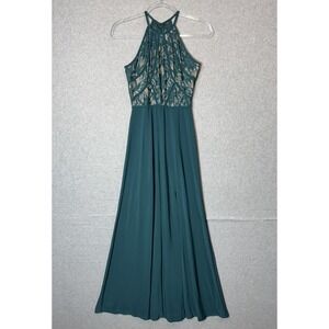Morgan & Co. Dress Womens 3/4 Teal Green Glitter Lace Halter Formal Gown Evening